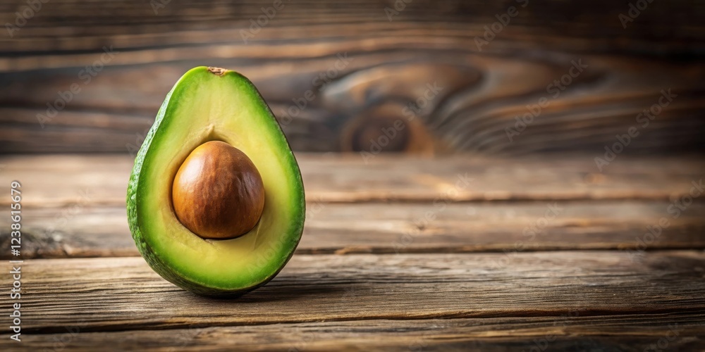 Poster A halved avocado with a visible pit rests on a rustic wooden surface