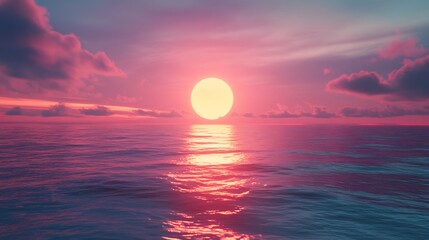Obraz premium Serene pink sunset over calm ocean waves reflects brilliantly. AI Generated
