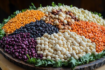Fototapeta premium A mix of beans / legumes / pulses raw coloured beans setting in a sequence.