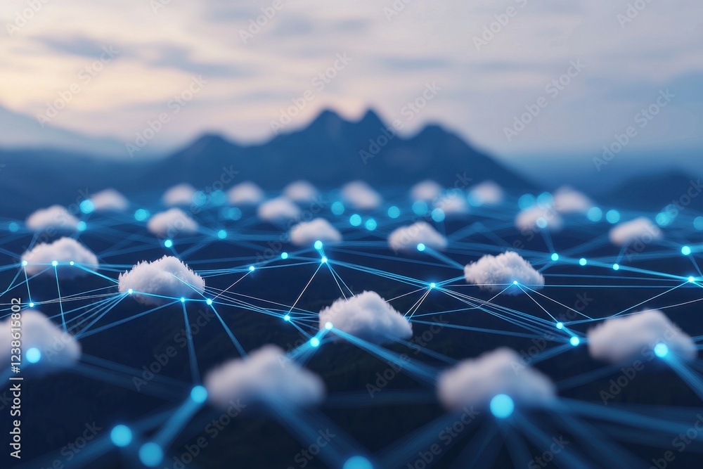 Poster a digital network of clouds over a mountainous landscape, symbolizing cloud computing and connectivi