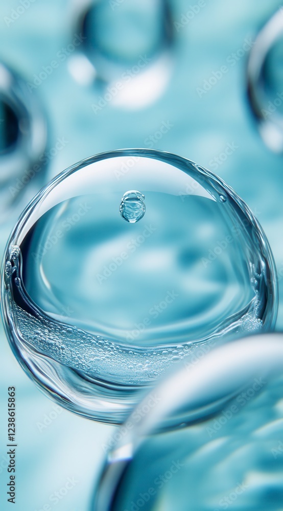 Poster close up view of translucent spheres with subtle textures and a light blue background. the spheres a