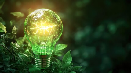 Green Light Bulb Surrounded by Lush Leaves Representing Eco-Friendly Energy and Sustainable Development in Nature Embrace