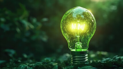 Eco-Friendly Light Bulb Glowing with New Ideas Surrounded by Nature, Symbolizing Sustainability, Innovation, and Energy Conservation in a Lush Green Environment