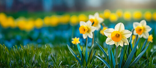 Obraz premium Yellow daffodils in green grass against a light blue background. Realistic photography.