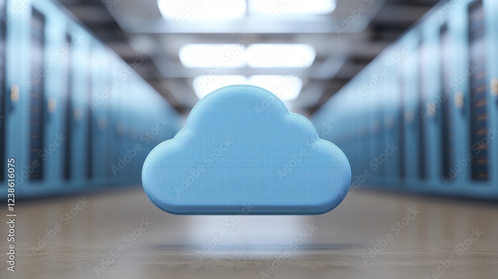 Poster a stylized blue cloud icon floating in a data center, symbolizing cloud computing and storage techno