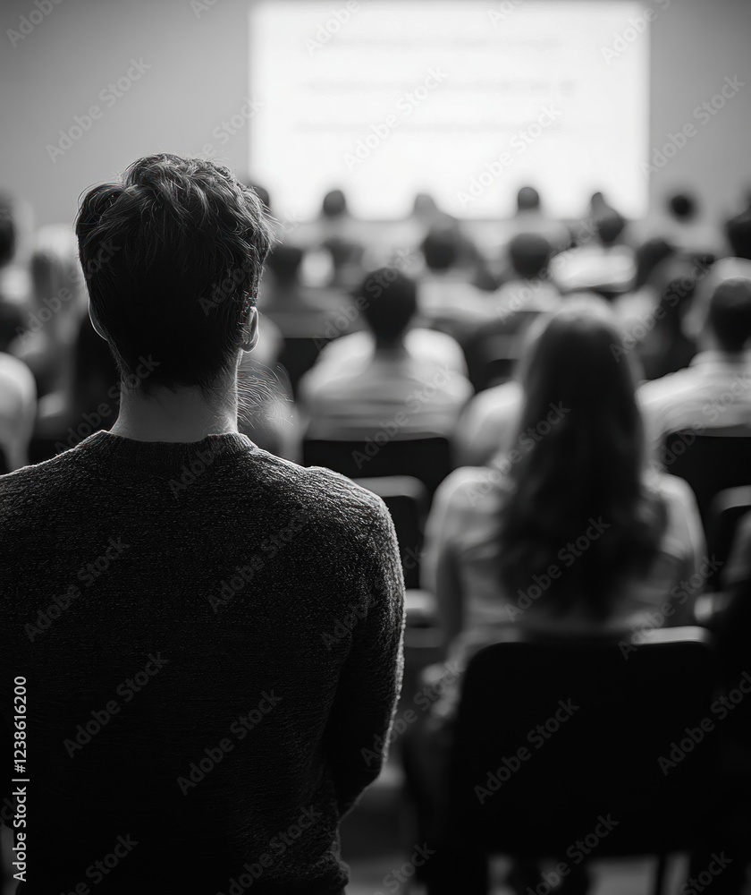 Poster speaker addressing audience at business seminar workshop presentation learning event