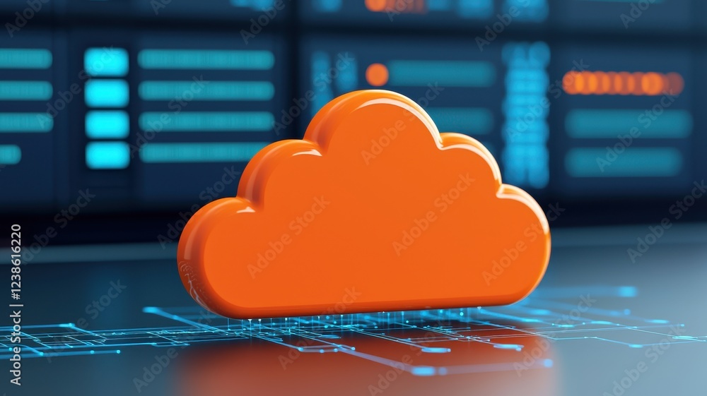 Poster a vibrant orange cloud symbol on a digital background, representing cloud computing and data storage