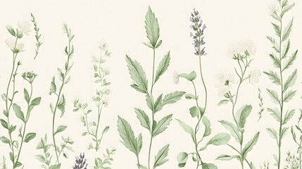 Delicate Green Botanical Illustration Featuring White And Lavender Flowers