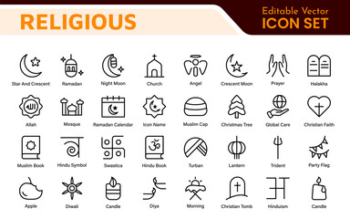 Religious Icon Set. A meaningful collection of icons representing various faiths and beliefs, perfect for enhancing educational materials, spiritual apps, and community outreach initiatives.
