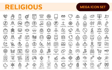 Religious Icon Set. A meaningful collection of icons representing various faiths and beliefs, perfect for enhancing educational materials, spiritual apps, and community outreach initiatives.