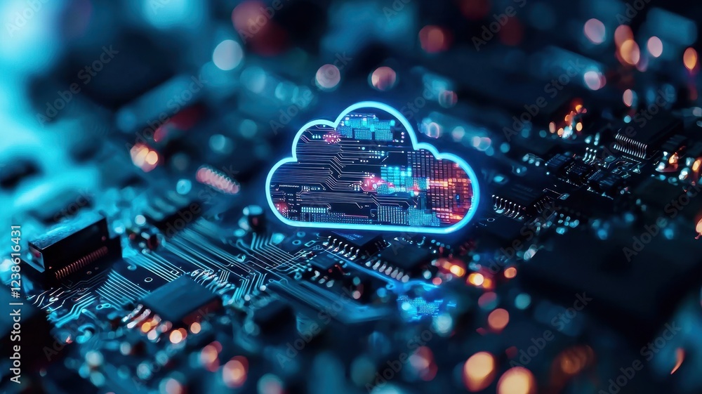 Poster a glowing cloud symbol over a circuit board, representing cloud computing technology and data storag