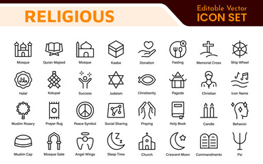 Religious Icon Set. A meaningful collection of icons representing various faiths and beliefs, perfect for enhancing educational materials, spiritual apps, and community outreach initiatives.