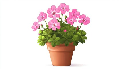 Pink Flowering Plant in Clay Pot with Green Leaves on White Background