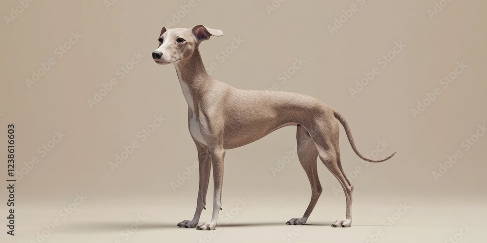 Poster realistic 3d model of whippet dog in standing pose with legs apart