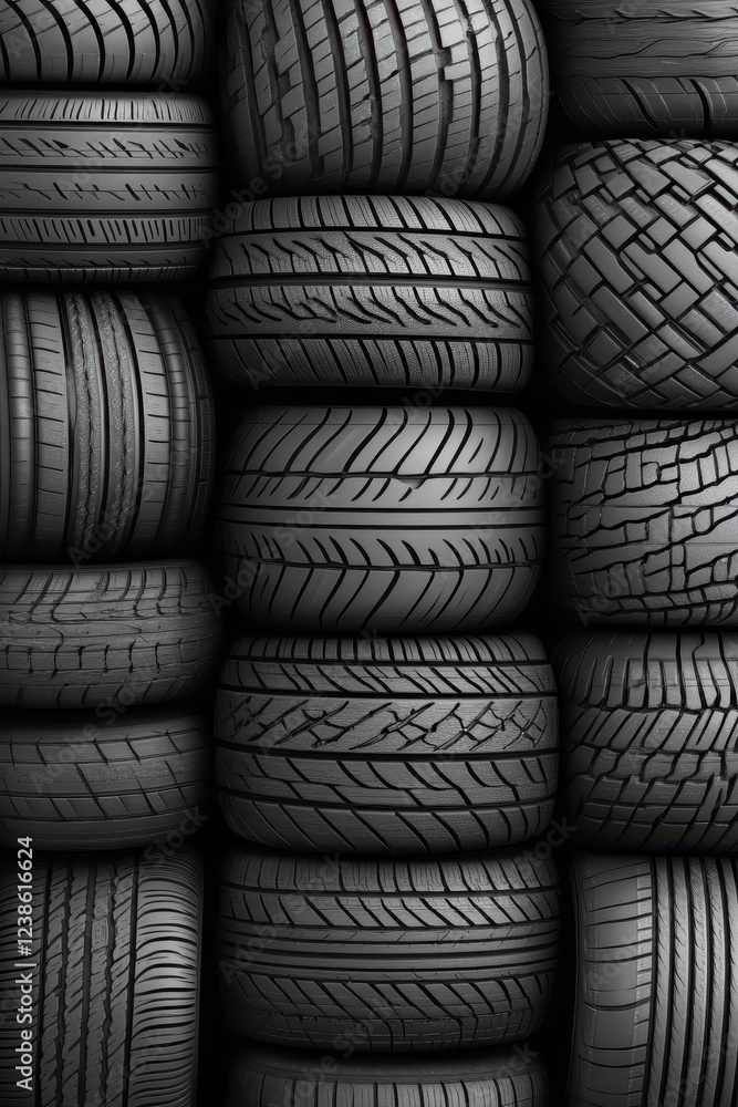 Aufkleber a vertical close up shot shows a stack of used tires, displaying various tread patterns and textures