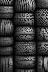 Obraz premium A vertical close up shot shows a stack of used tires, displaying various tread patterns and textures. The tires are mainly black and gray, creating a