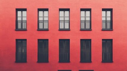 Obraz premium Red building facade, city windows, urban architecture, minimalist design, stock photo