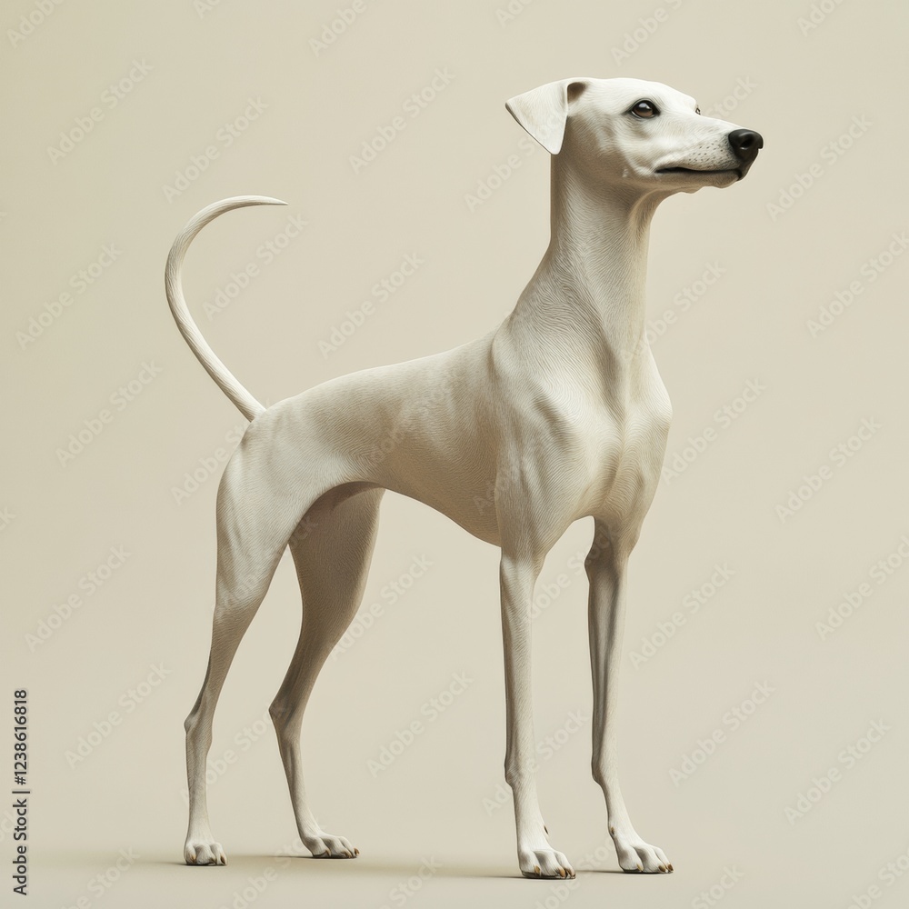 Poster 3d whippet dog in alert posture with tail lifted and eager expression