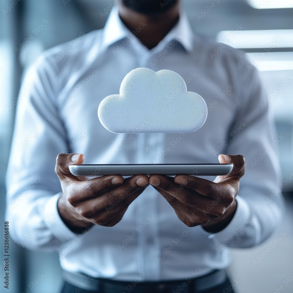Poster a business professional holds a tablet displaying a cloud symbol, representing cloud computing and d