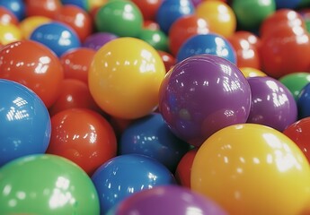 Close up view of a large pile of colorful plastic balls in various shades of red, yellow, green, blue, and purple. The balls are shiny and appear to