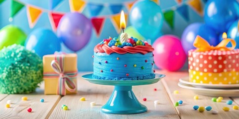 A colorful smash cake with a bright blue frosting and a lit red candle sits on a table with other party decorations , colorful smash cake, party decor