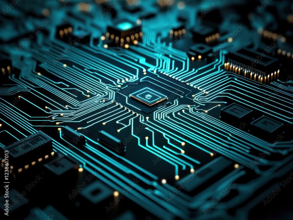 Poster a close-up view of a circuit board with intricate blue and black patterns, showcasing microchips and