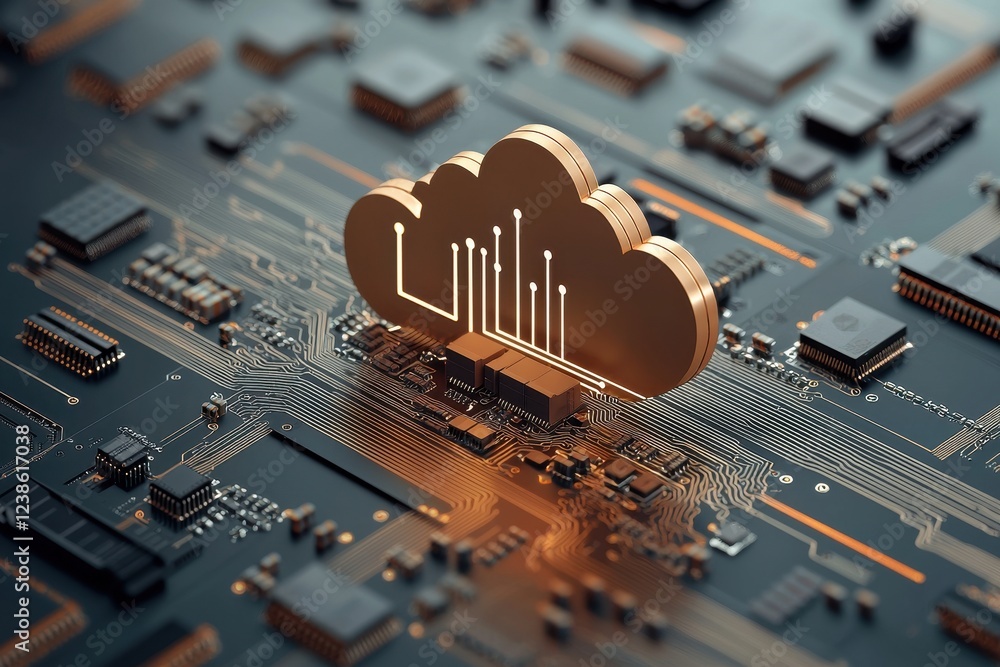 Poster a golden cloud icon overlaid on a circuit board, symbolizing data storage and cloud computing techno