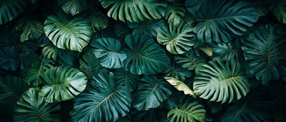 Fototapeta premium Dense tropical leaves create a lush green tapestry, showcasing various shapes and sizes under soft natural light in a tranquil setting