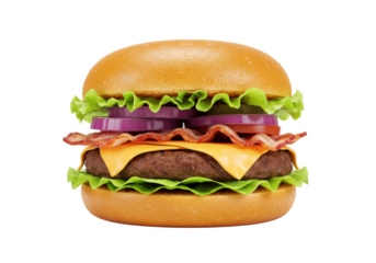 A delicious gourmet burger with layers of lettuce, red onions, melted cheese, crispy bacon, and a juicy patty, sandwiched in a golden bun, isolated on a white background