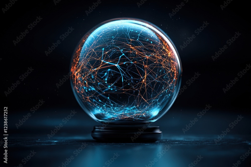 Poster a glowing orb encases intricate blue and orange networks, evoking a sense of mystique and the interc