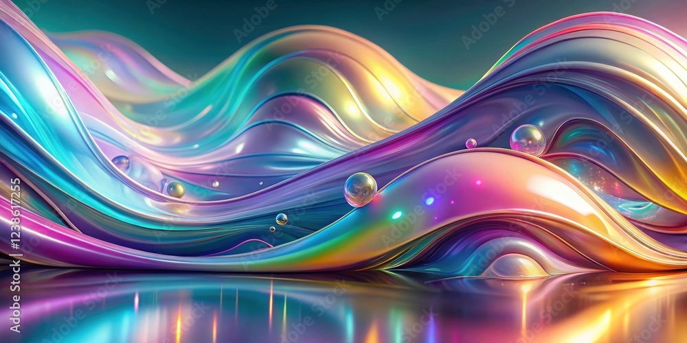 Poster Abstract iridescent waves with floating spheres on reflective surface