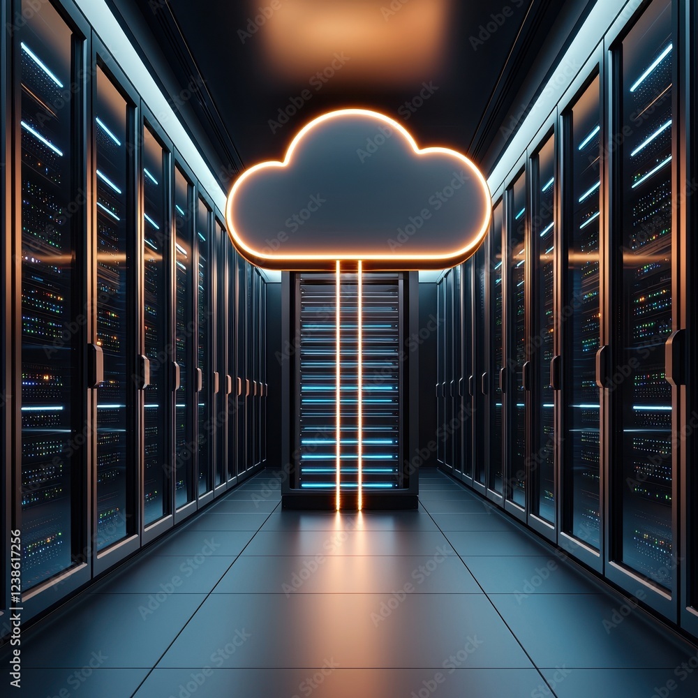 Aufkleber a sleek data center corridor featuring glowing server racks and a stylized cloud symbol, representin