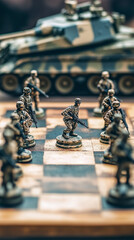 War strategy concept with chess pieces and military tank, created with generative AI technology  
