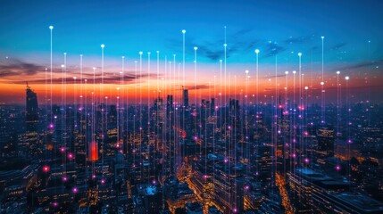 Night Cityscape Illuminated With Digital Network Connections