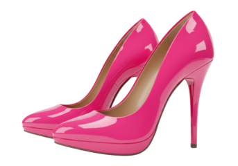 Pair of pink high-heeled shoes with a glossy finish isolated on white background