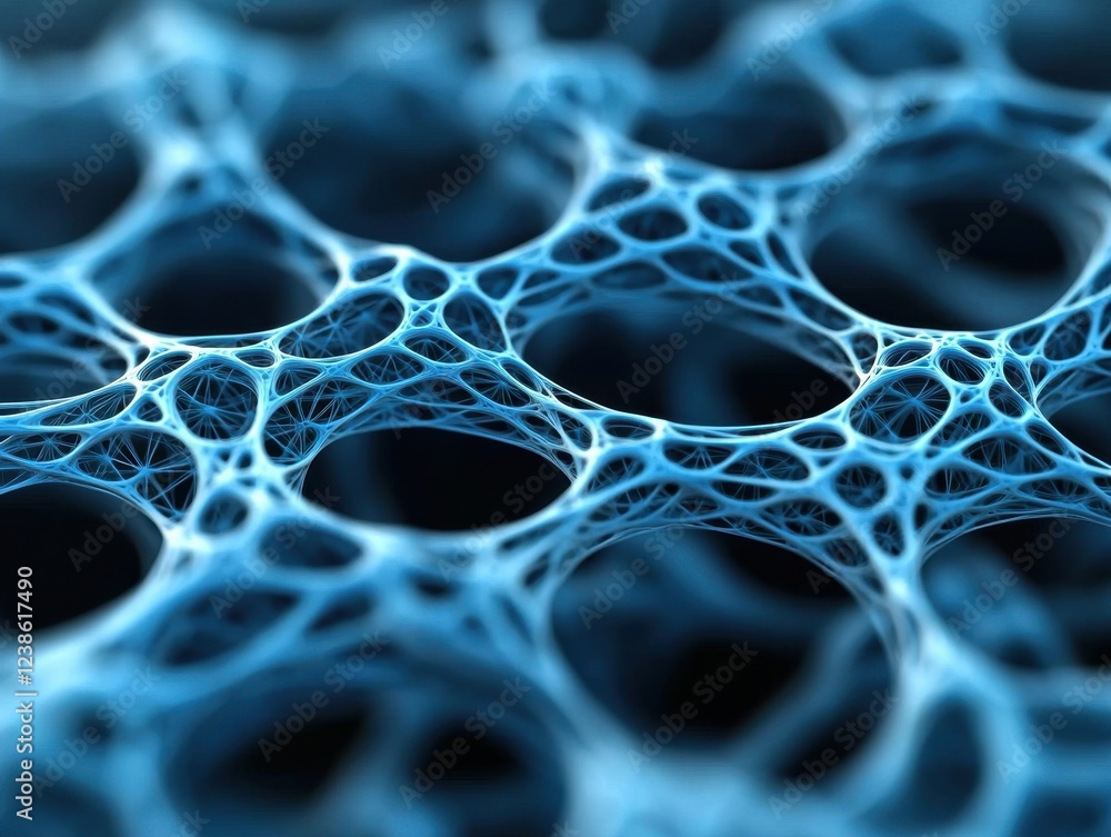 Poster an intricate blue network of interconnected cells or fibers, showcasing a detailed macro view of a p