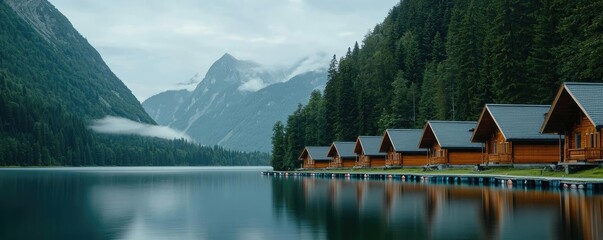 Naklejka premium Mountain village nature concept. Scenic view of wooden cabins by a tranquil lake surrounded by majestic mountains.