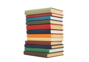 A colorful stack of hardcover books arranged in a slightly slanted pile, isolated on a white background