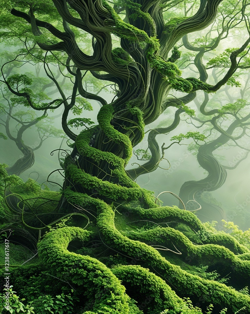 Poster green abstract swirling tree vines forming a delicate structure abstract natural tree concept backgr