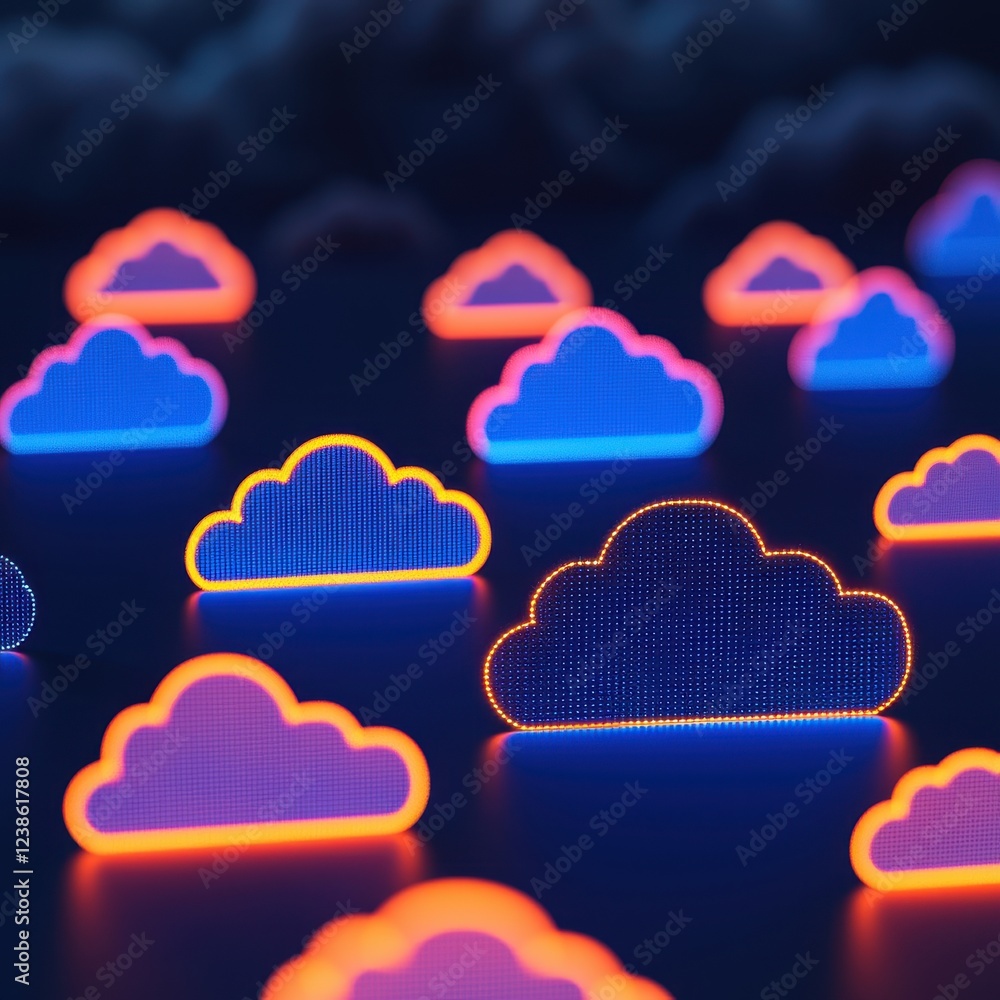 Poster a vibrant array of illuminated cloud shapes in blue and orange, set against a dark background, creat