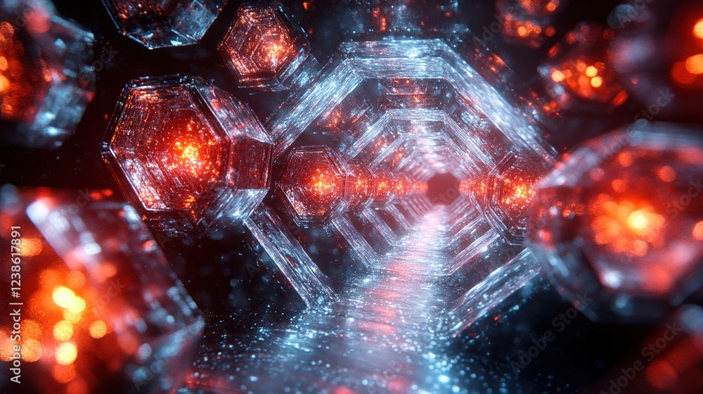 Poster hexagonal tunnel with red lights, repeating pattern background, use in future concept