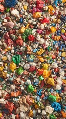 Vibrant plastic debris covers the shoreline, illustrating the impact of pollution on marine ecosystems and the urgent need for environmental action