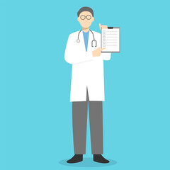 The doctor show documents and instructions for health care. Medical worker with stethoscope. Vector illustration flat design.