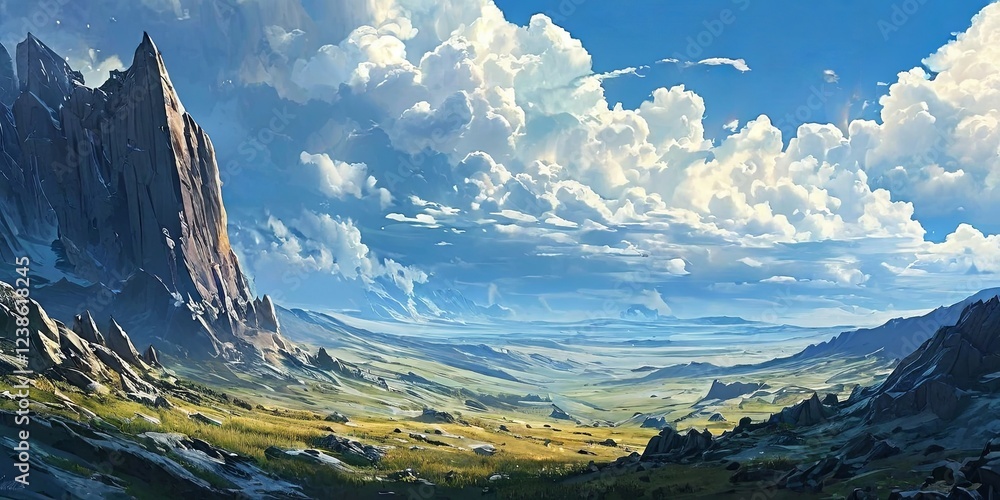 Poster a mountain range with a cloudy sky in the background