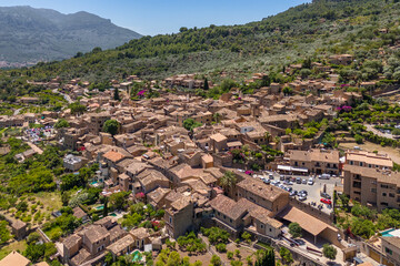 Aerial view of picturesque mountain village Fornalutx, Mallorca, Spain.