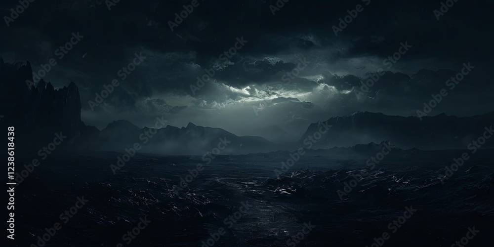 Poster a dark sky with clouds and a mountain in the background