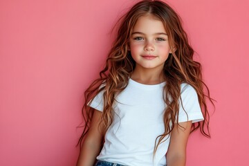5 years old girl with long curly hair in jeans and white t-shirt on pink background. Kid's mockup.