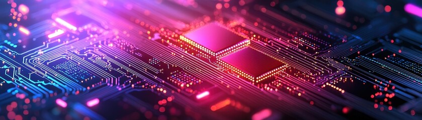 Obraz premium A vibrant, close-up view of a circuit board featuring glowing components, illustrating advanced technology and digital design.
