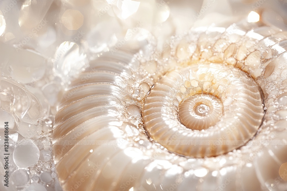 Poster close-up of a spiral ammonite fossil submerged in a shimmering, translucent liquid, creating a dream