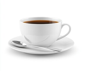 Obraz premium Close up of a white coffee cup and saucer with a spoon, filled with dark coffee against a bright white background. The image is well lit, creating a
